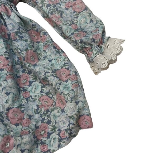 Vtg girls dress 4T Peaches N Cream green floral prairie long sleeve - Picture 5 of 6